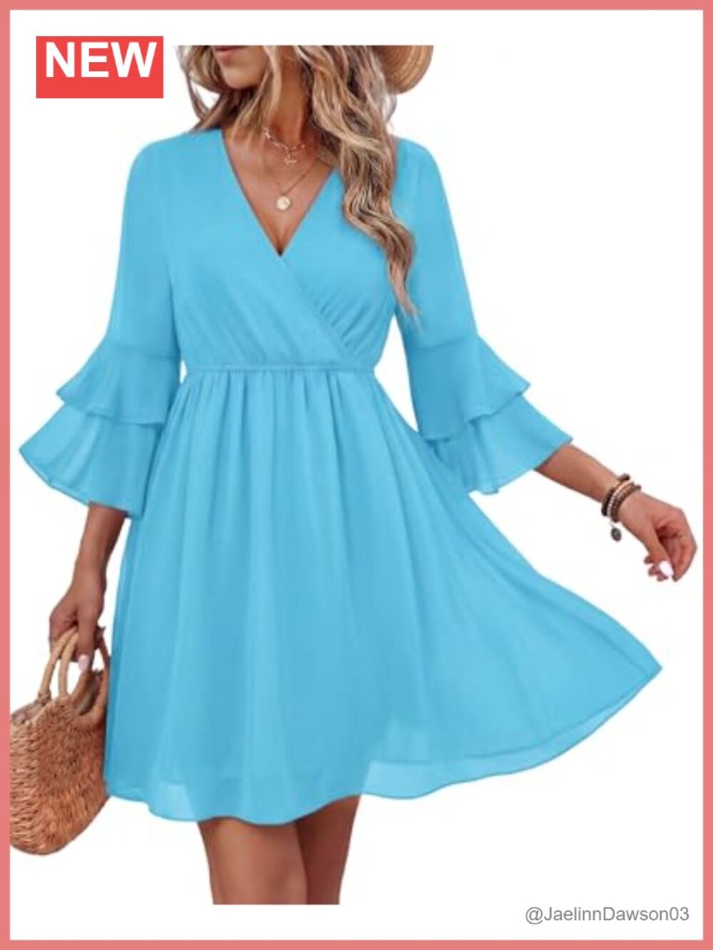 Women's 3/4 Ruffle Sleeve Casual V Neck Flowy Chiffon Layered Dress